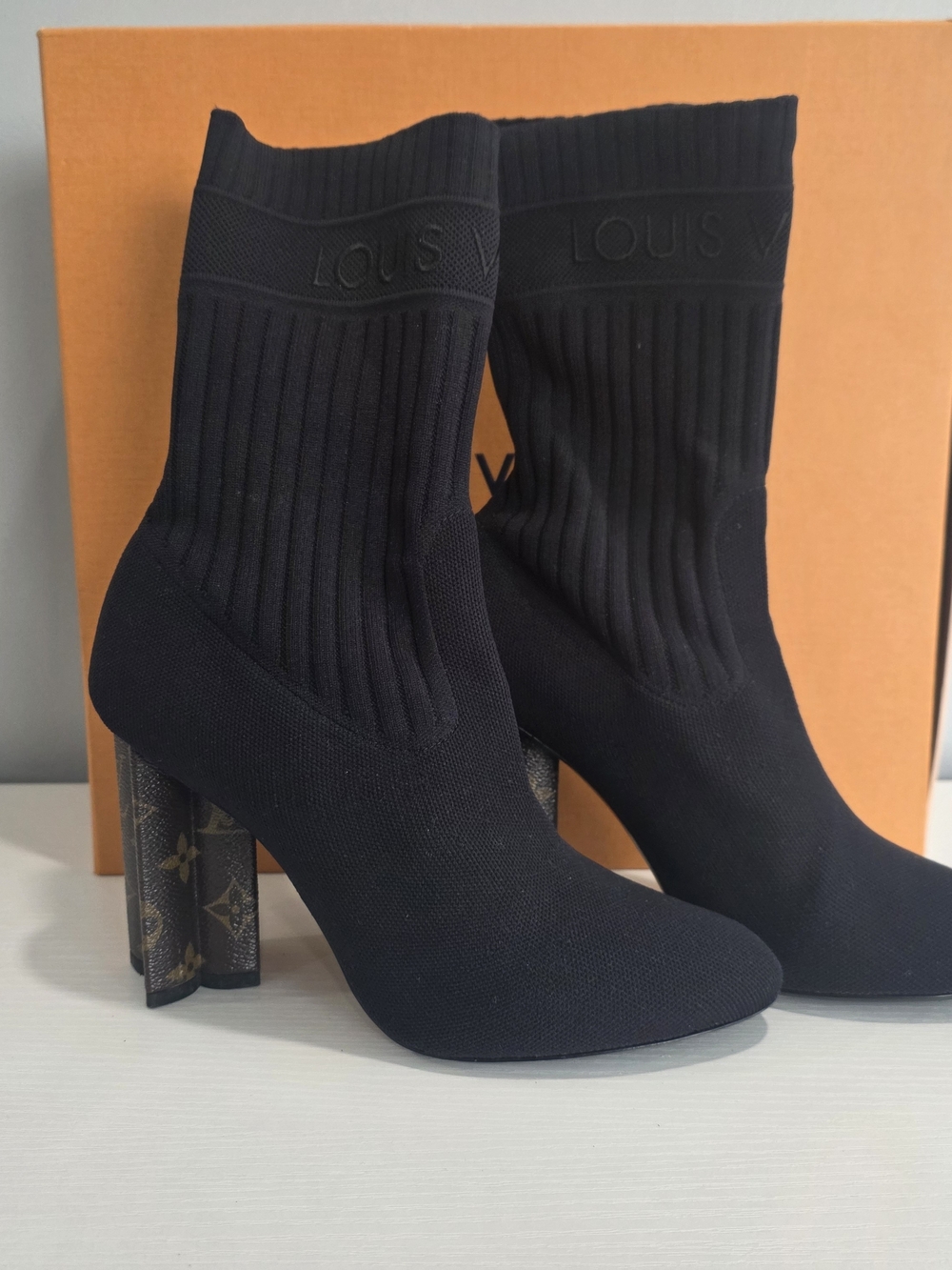 Louis Vuitton Black Sock Booties with Monogram Block Heel